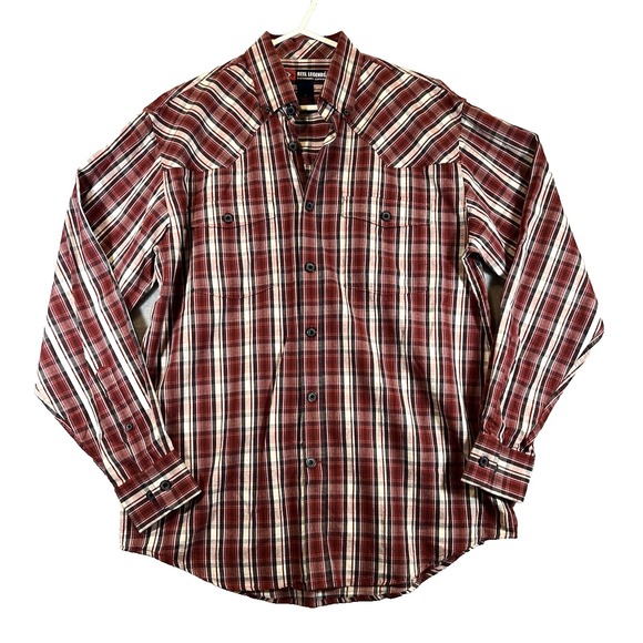 Reel Legends Performance Shirt Mens Medium Red Button Down Pockets Long Sleeve - Picture 1 of 5